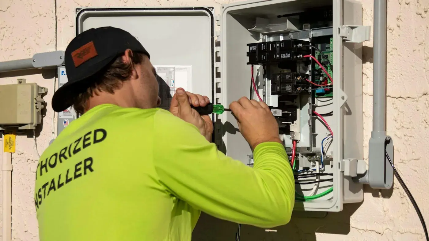 An electrician in a hi-vis shirt working on a consumer unit with a screwdriver