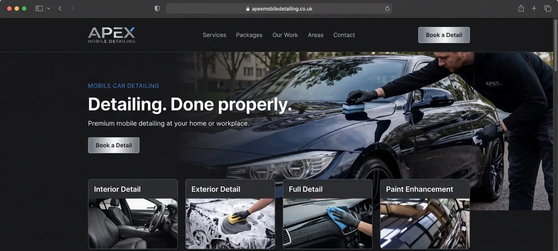 Website concept for Apex Mobile Detailing, a fictional mobile car detailing business